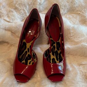 Jessica Simpson Red Patent Peep-Toe Heels with Leopard Insole